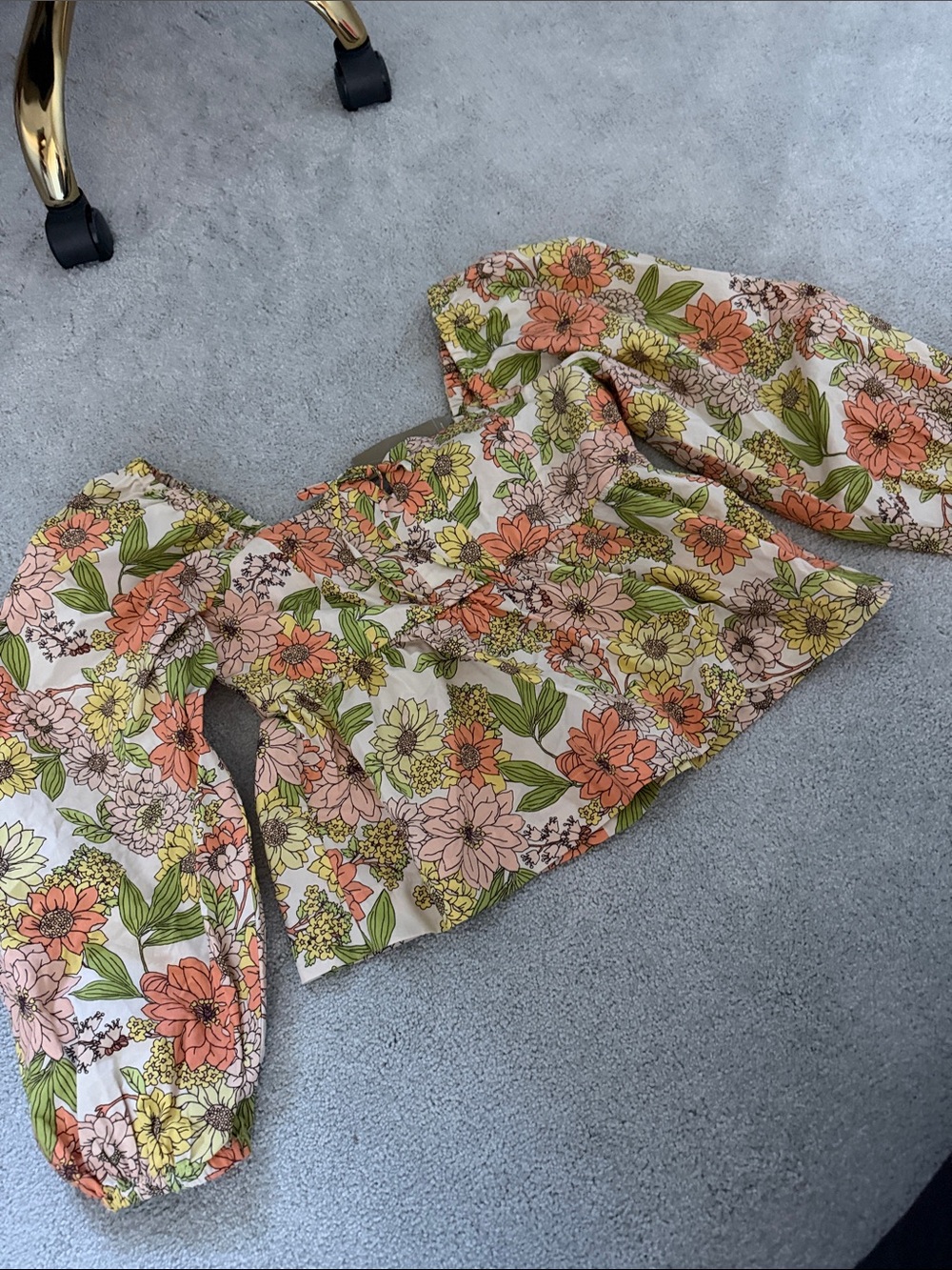 J. Crew Floral Puff-Sleeve Top in Cream with Peach, Yellow & Green